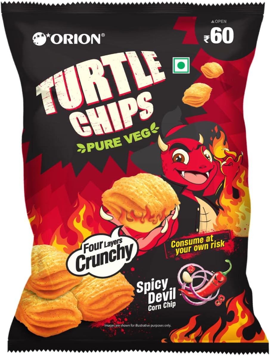 ORION Turtle Chipspicy Devil (Super-Spicy) Korean Corn Chips 70G|100% Veg | Buldak Flavor - (Pack Of 1)