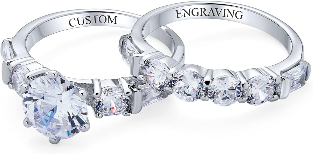 Personalized Traditional AAA CZ Baguettes Side Stones 2CT Square Princess Cut or Round Brilliant Solitaire Anniversary Engagement Wedding Band Ring Set For Women .925 Sterling Silver Customizable