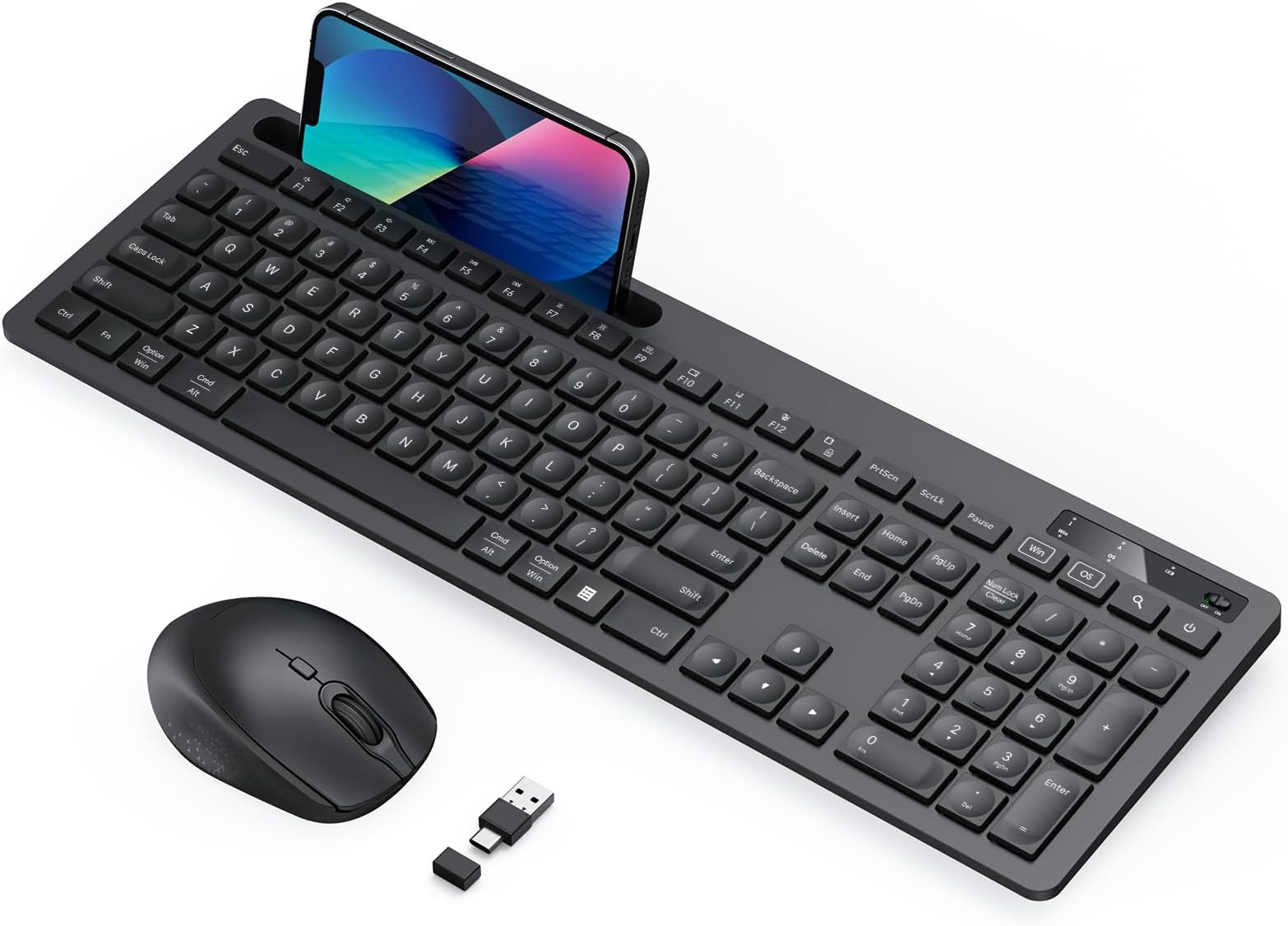 Wireless Keyboard and Mouse for MacBook, Vivefox Black Wireless Keyboard with Phone Holder, USB A & Type C Receivr, Full-Size Combo for Mac, MacBook/Air/Pro Windows PC Computer