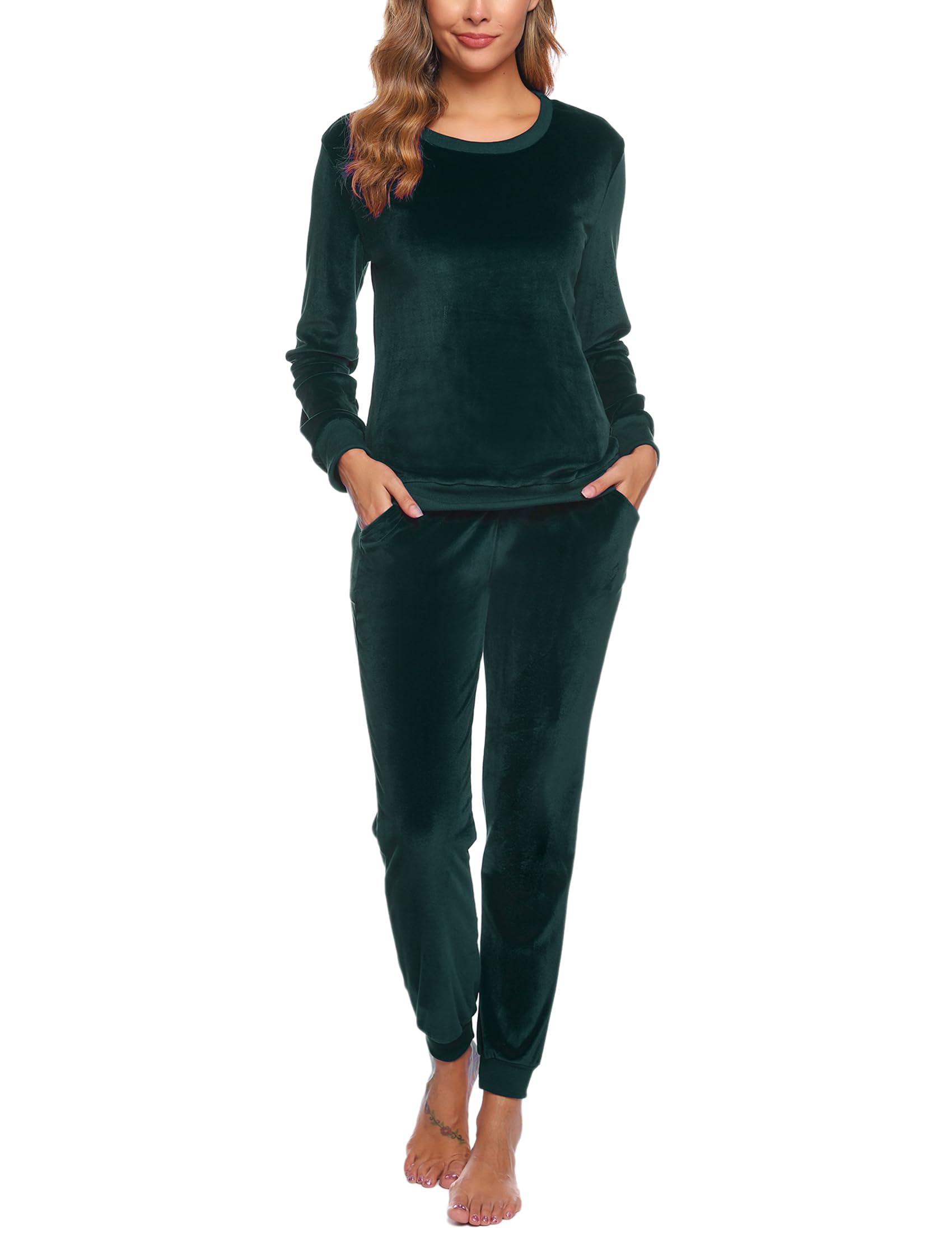 Wayleb Pigiama Donna Invernale Due Pezzi,Velluto Loungewear Tuta Casa Calda Autunno Inverno Manica Lunga Girocollo Maglia Top con Tasche e Pantaloni S-3XL