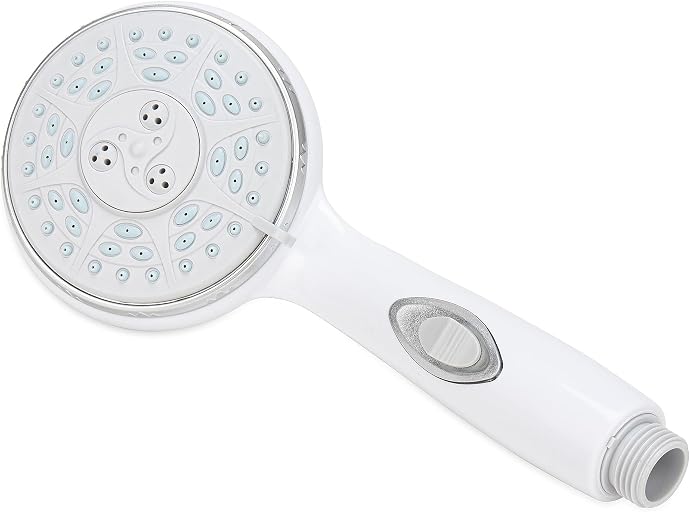 Camco RV Shower Head - Features Convenient On/Off Switch & 5 Different Spray Patterns - Designed to Conserve Potable Water - Simple to Clean w/Rubber Spray Tips - White (43711) | Conserves potable water, rubber tips for easy cleaning, 4 in diameter, 9 in long, 1/2-14 NPT threads, hose not included