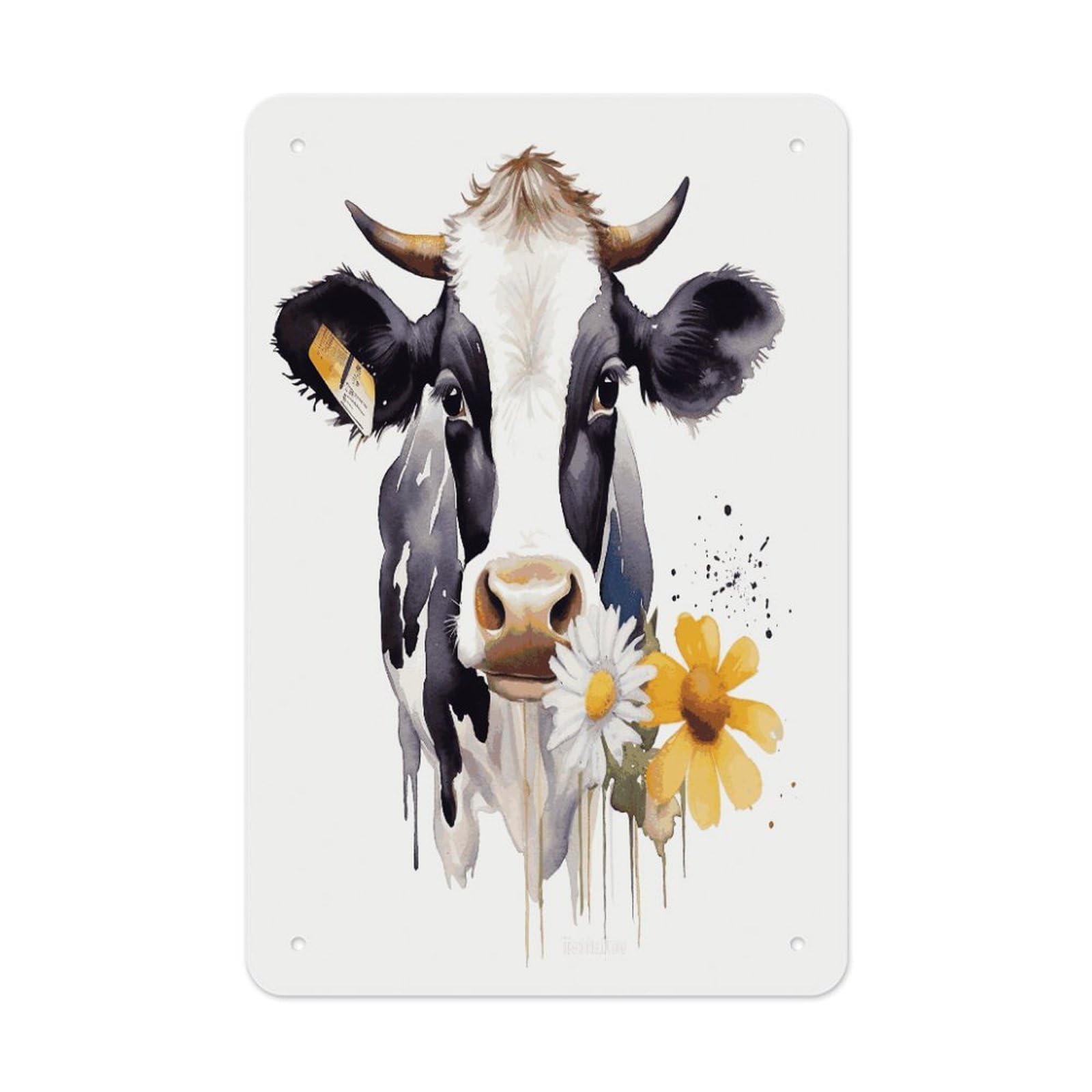 LDGSUPH Watercolor Cow And Daisy Flower Wall Art Prints Folded Edge Iron Sheet Painting with Holes for Wall Prints Decorative Picture Metal Signboard Decor Painting for Outdoor Indoor Wall Decor