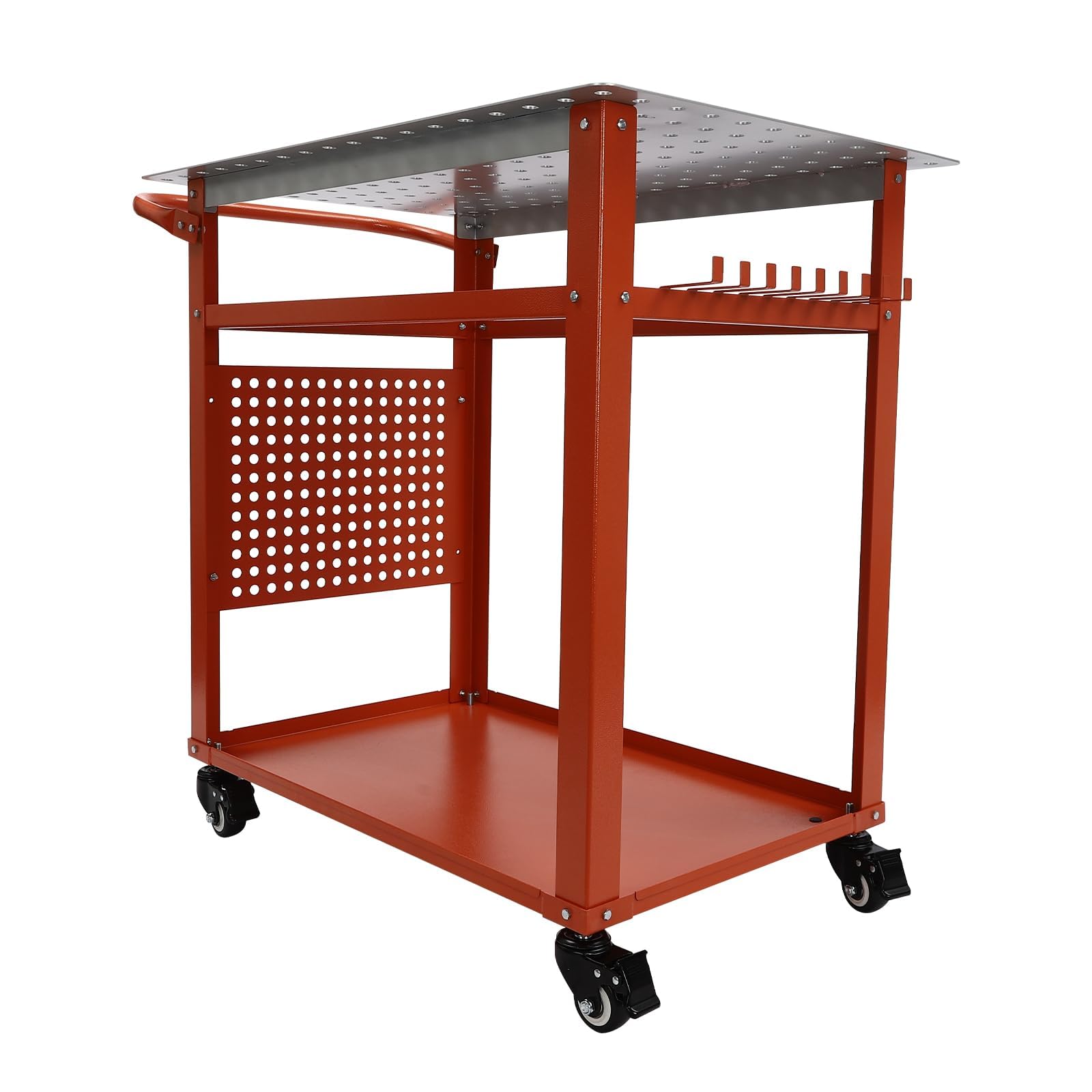 Mesa de soldadura portátil de 600 libras con 9 ganchos, banco de trabajo de soldadura de acero, 91,44 x 60,95 cm, banco de trabajo portátil con tabla de almacenamiento de doble capa
