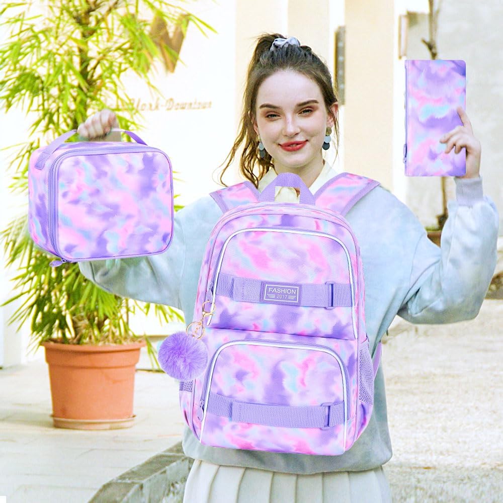 17 Inches Backpack for Girls Women, 3Pcs Tie-dye College School Bookbag Set for Teens Students, Water Resistant Laptop Backpacks with Lunch Bag(Purple) - Image 8