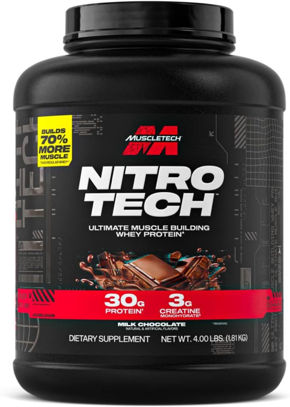 MuscleTech | Nitro-Tech | Whey Protein | 30g of Protein & 3g of Creatine | Supports Muscle Strength, Enhances Recovery & Muscle Gain | Milk Chocolate | 1810 grams | 39 servings
