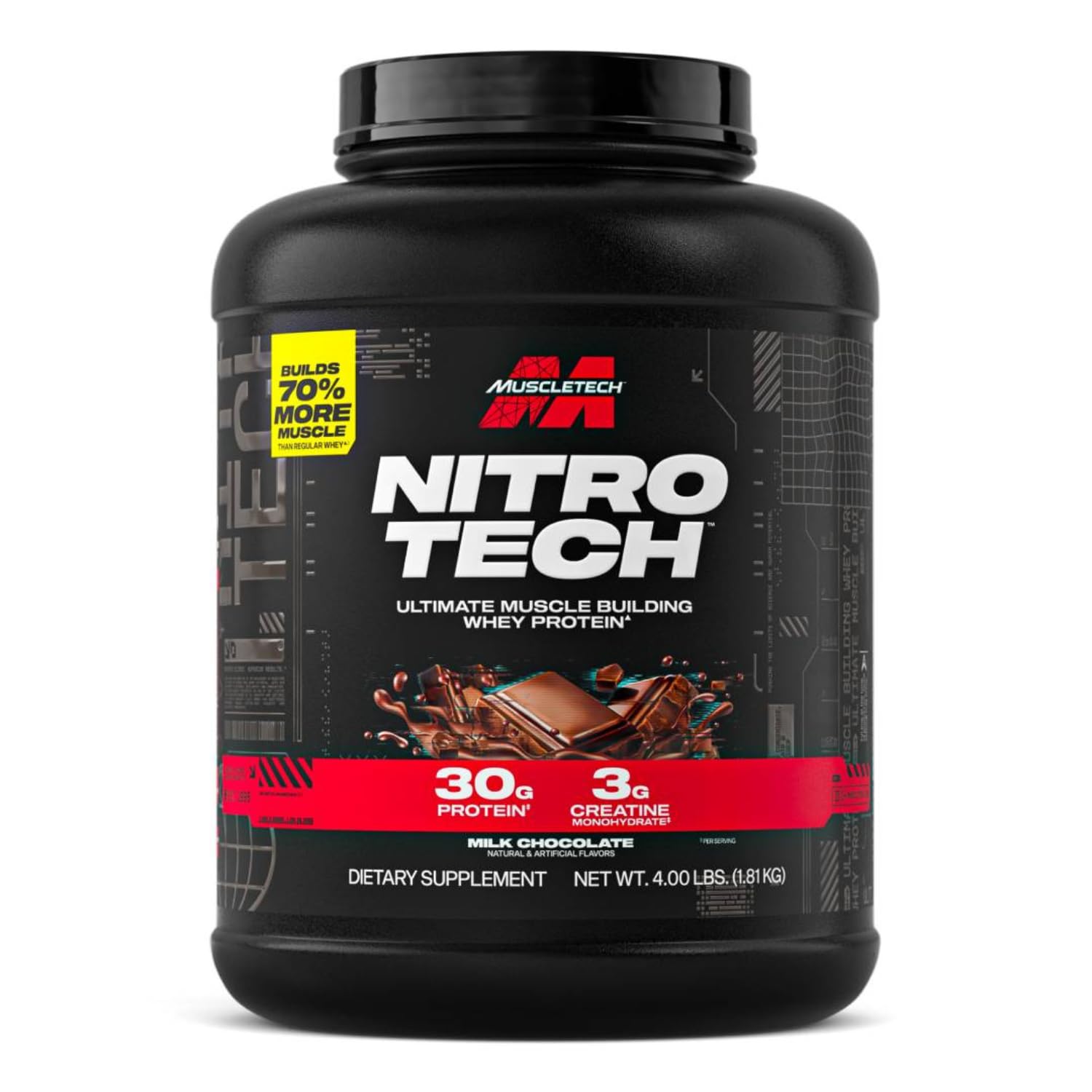 MuscleTech | Nitro-Tech | Whey Protein | 30g of Protein & 3g of Creatine | Supports Muscle Strength, Enhances Recovery & Muscle Gain | Milk Chocolate | 1810 grams | 39 servings