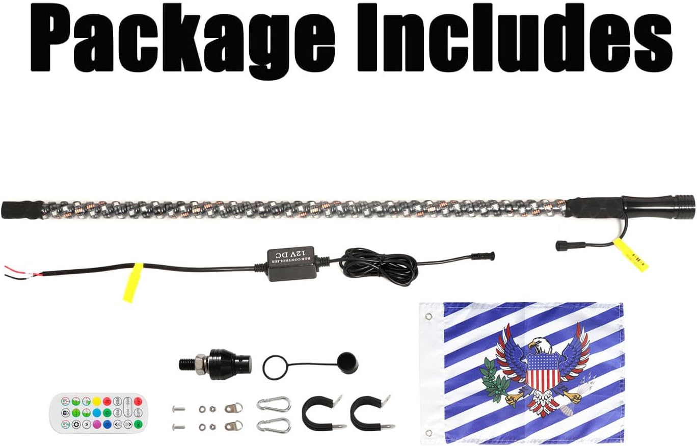 3FT Spiral RGB LED Whip Light with APP & Remote Control Chasing Lighted Antenna Whip Light for RZR Polaris UTV ATV Can-Am SXS Truck, 1PC