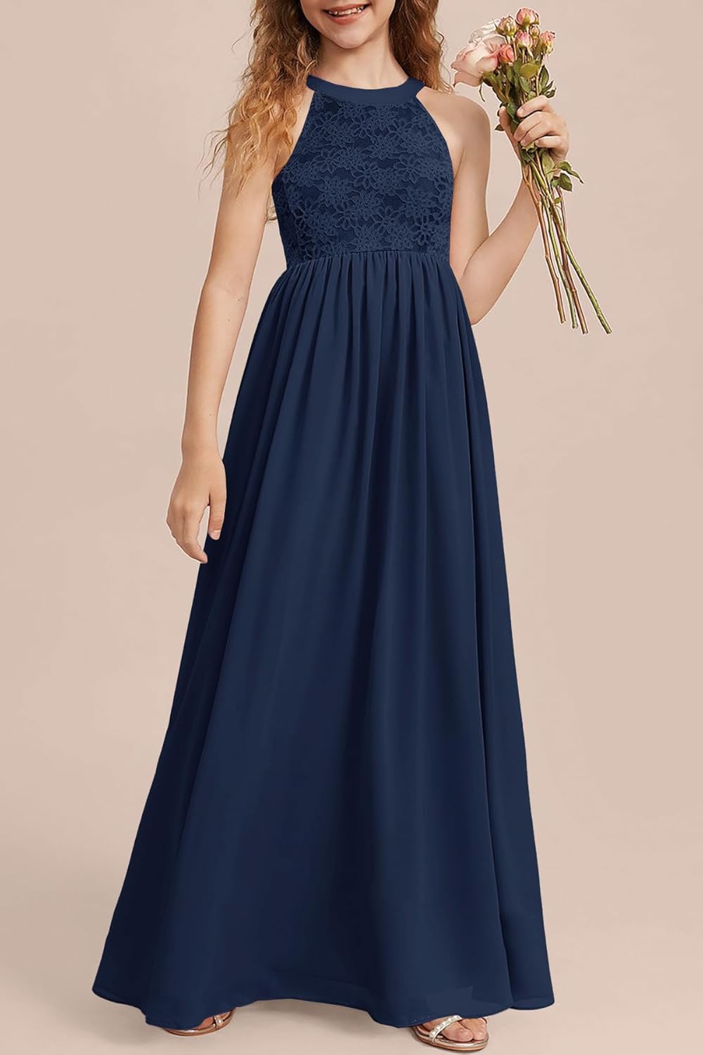 HOSIKA Girls Halter Neck Sleeveless Elegant Lace Chiffon A-line Long Flower Girl Dress for Wedding Party 6-12 Y - Image 5