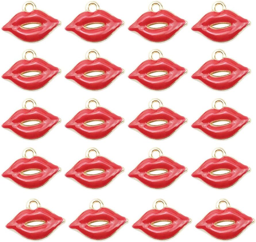 Mystart 20 Pieces Alloy Red Lip Enamel Charms Pendants DIY Necklace Jewelry Accessories