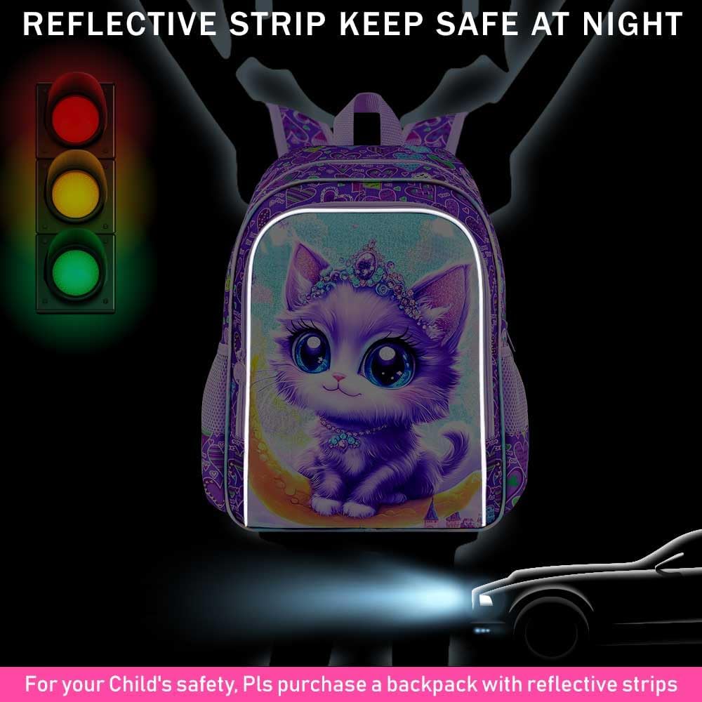 KLFVB 3PCS Girls Cat Bookbag, Water Resistant Kids Backpack with Lunch Box, 16" Preschool Backpacks for Elementary - Moon Purple Cat