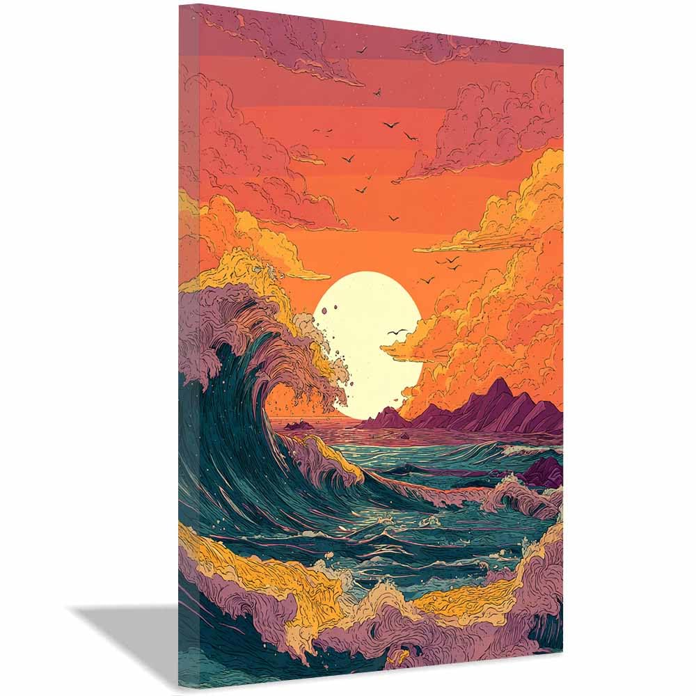 HOQIU Beautiful wall art Sunset Ocean Wavess canvas artwork for wall, art prints, For living room, bedroom, bathroom, dining room, painting and decor.(Multicolor)-30x40cm Framed