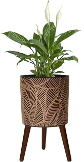 12inch Black Plant Pots for Indoor Plants Large Boho Flower Pot with Stand | Modern Planters with Gold Floral Embossed Standing Planter with Drainage for Living Room, Office, Garden or Balcony