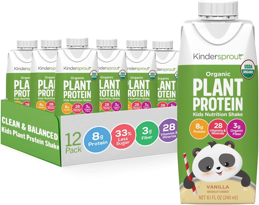 KinderSprout Protein Shake | Organic & Plant Based, Great for Kids | On-the-go and Lunchbox Safe | 28 Vitamins, 8g Plant Protein, 3g Fiber | Doctor Formulated | Vanilla, 12-pack