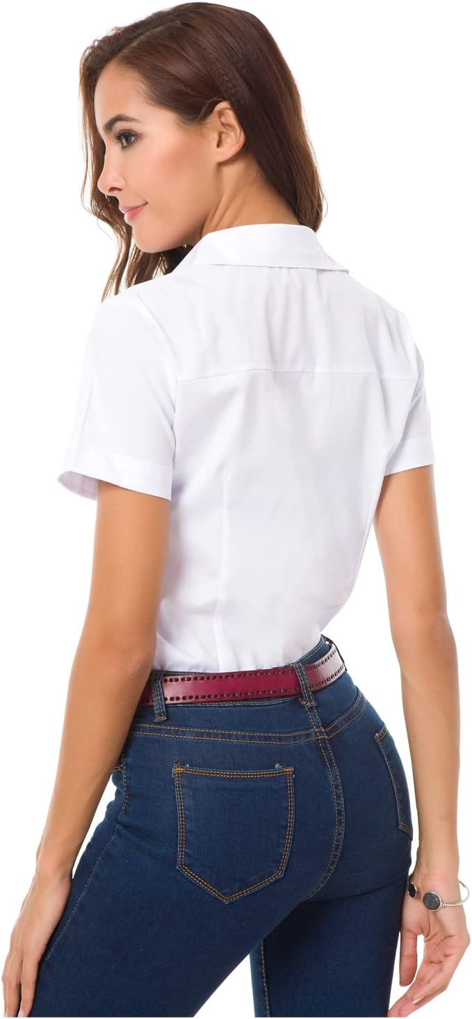 Womens Short Sleeve Button Down Shirts Official Collar Blouse Basic Simple Dress Shirt - Image 5