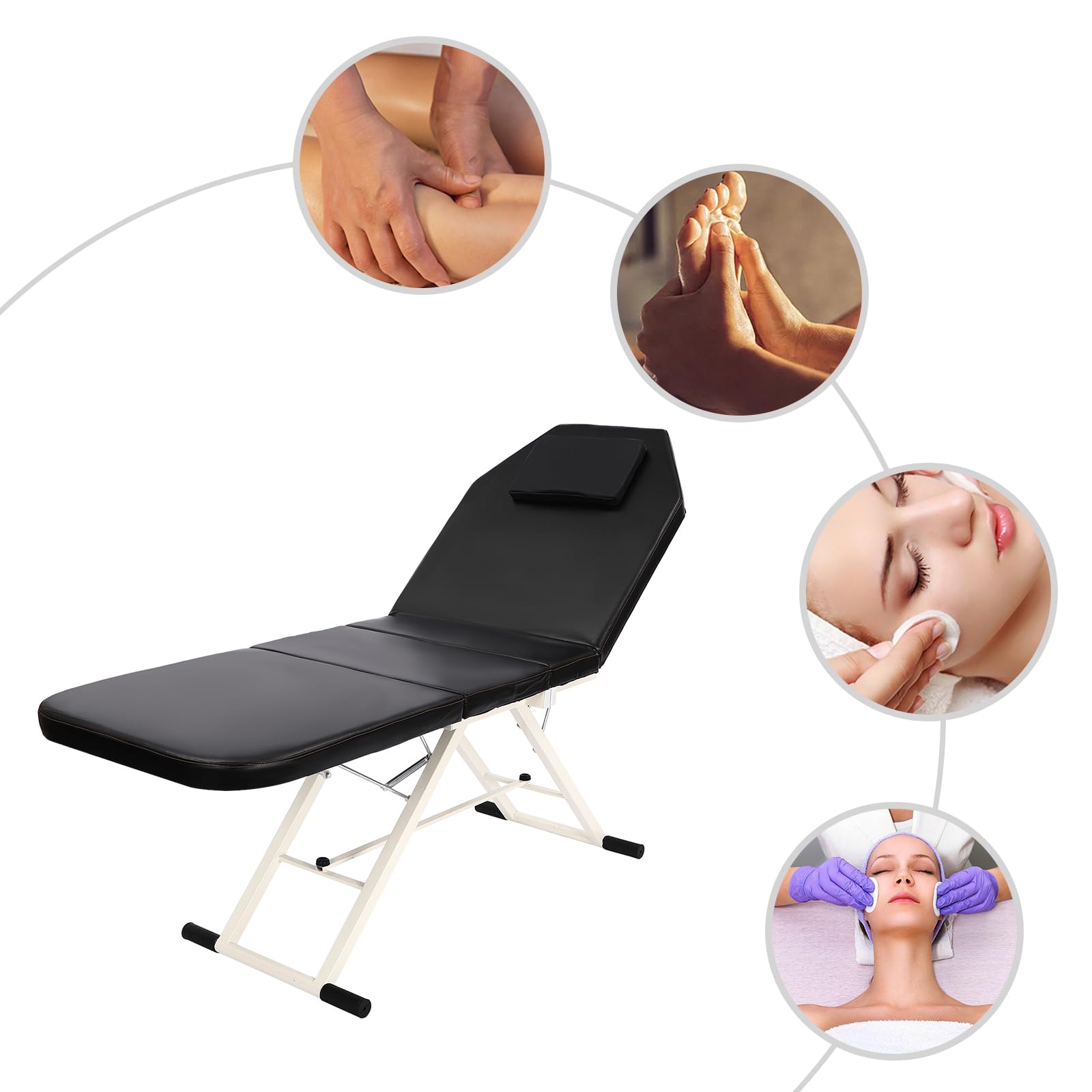 Tumbona de masaje plegable con cojín, 3 zonas, hasta 250 kg | Portátil portátil, ajustable 70°+45° y almohada, cojín de poliuretano, para spa salón de belleza, masaje en casa