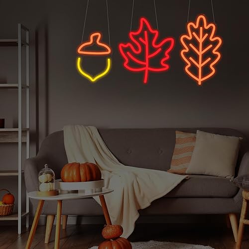 Miniatura 6 de ROCEEI 3 letreros de neón de otoño, hojas de arce, bellota de neón, luces LED de Acción de Gracias, barra de pared USB, decoración de sala de estar,
