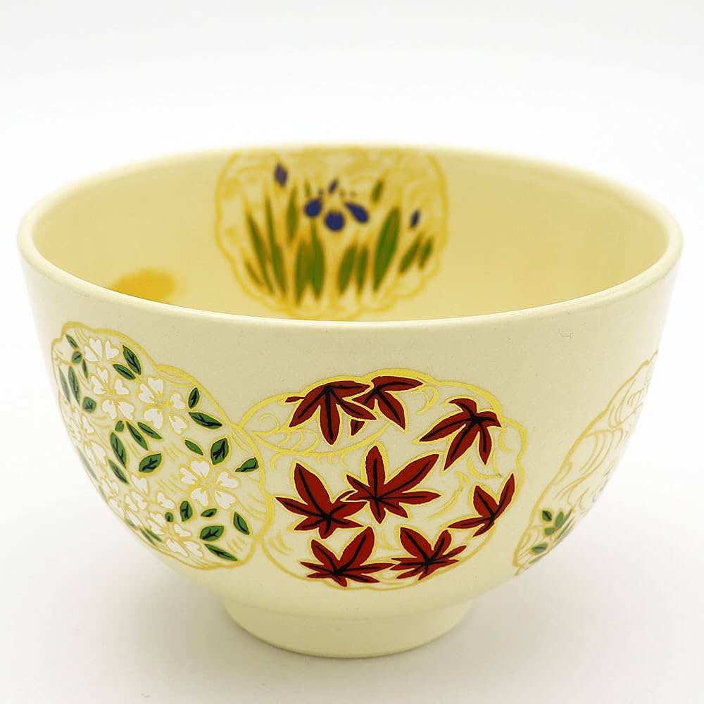 茶道具 抹茶茶碗 百花園 花草紋 木箱付(メ1183) 宮川香林作 茶碗 丸紋草花 共箱入 陶器製 茶碗 絵付け 金彩