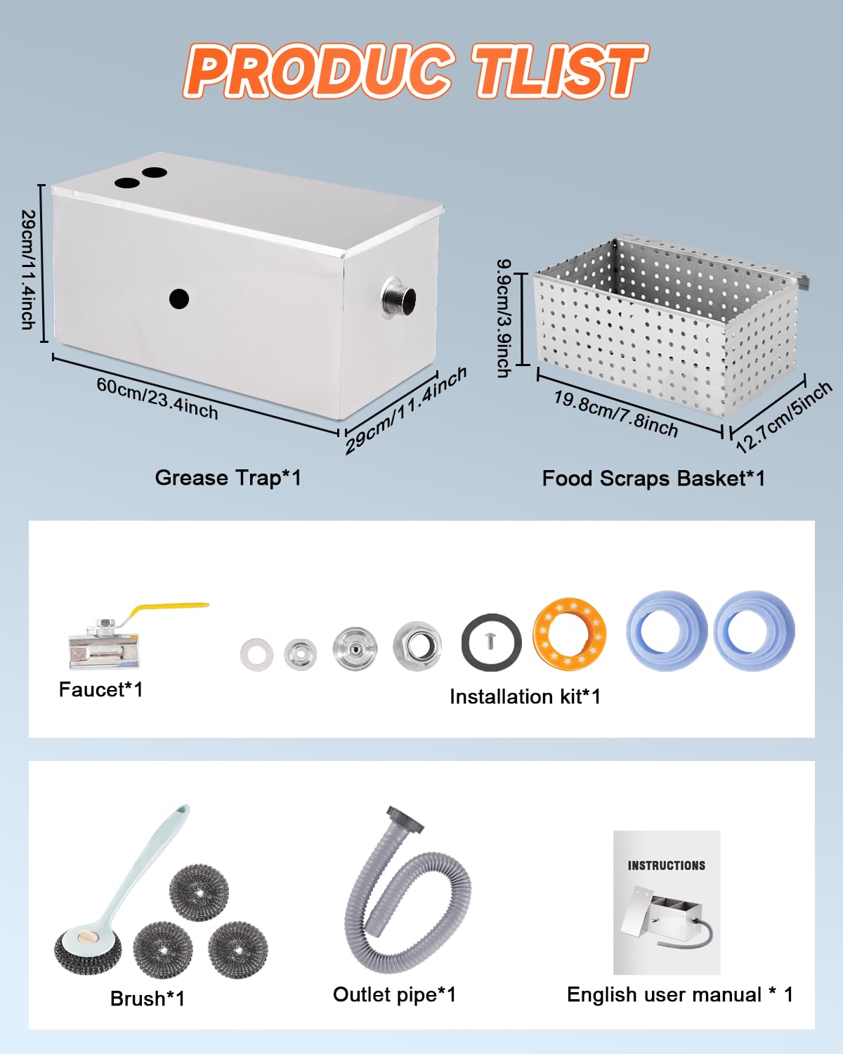 YUCHENGTECH Trampa de grasa comercial de acero inoxidable de 50 L, separador de filtro de aceite de agua con 2 entradas superiores y cepillo de limpieza para el hogar, restaurante, comedor, fregadero