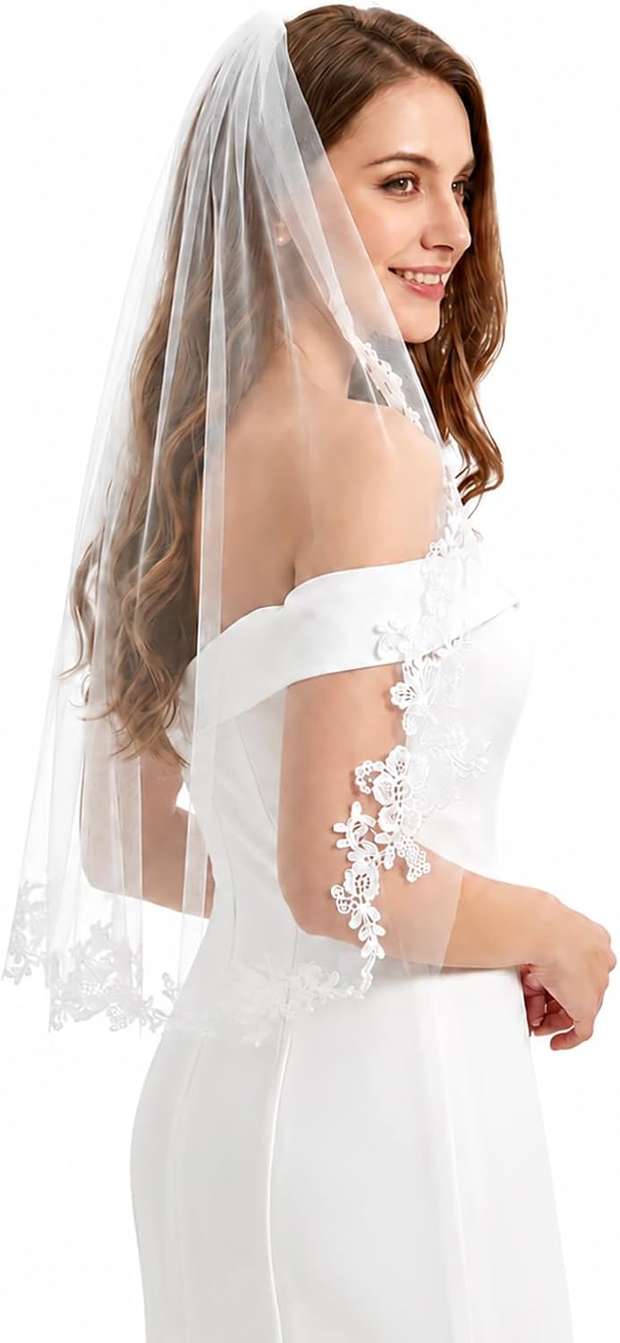 1 Pcs White Lace Veil Wedding Bridal Veil with Comb | Floral Edge Bridal Tulle-Veil, Fingertip Length Bridal Veils, Lace Appliques Bridals Veils, for Wedding