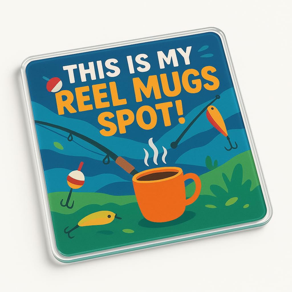 The Plum Penguin Reel Brew Bliss Acrylic Coaster Gift With Playful Fishing & Coffee Design - 'Reel Brew Bliss' Home Decor For Coffee Lovers & Anglers