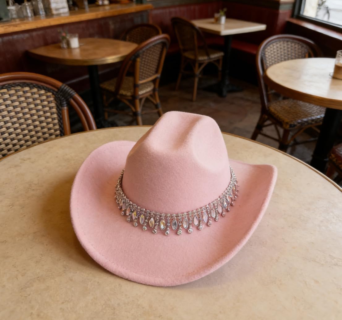 A Unique Pink European-Style Elegant hat, paired with a Jazz-Inspired Cowboy hat and Gemstone-Water Diamond Accessories.