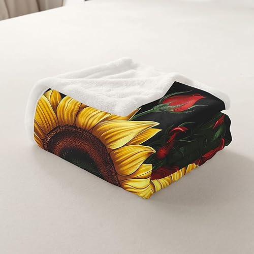 Miniatura 5 de Manfei Manta de girasol amarillo, manta de cama con rosas rojas para decoración de habitación de niños y niñas, manta floral de hojas verdes en