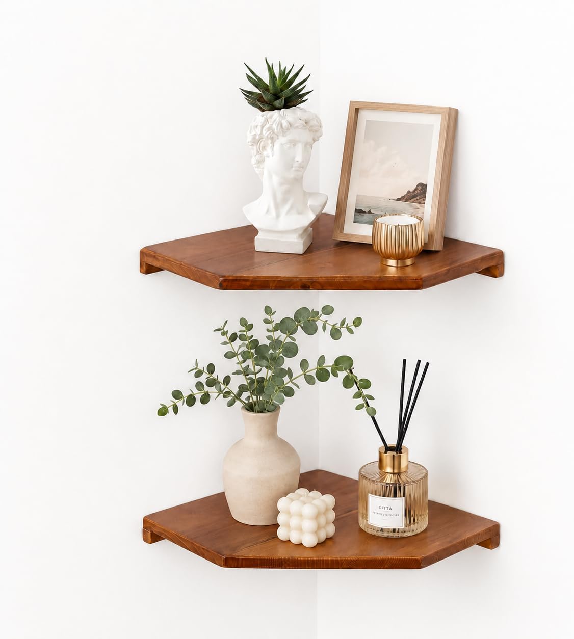 2 Pcs Floating Corner Shelves for Bathroom, Kitchen or Living Room Decor, Wooden Wall Mounted Shelves, Natual Teak