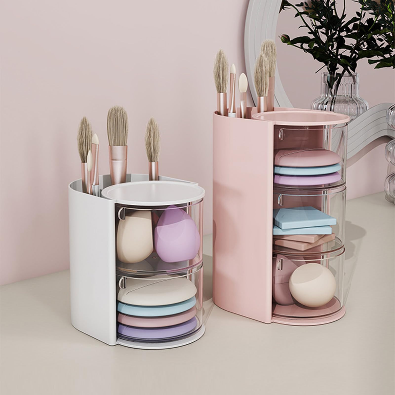 Elegante caja de almacenamiento de brochas de maquillaje y esponjas, organizador de cosméticos multiusos, accesorio para el hogar para mujeres de moda