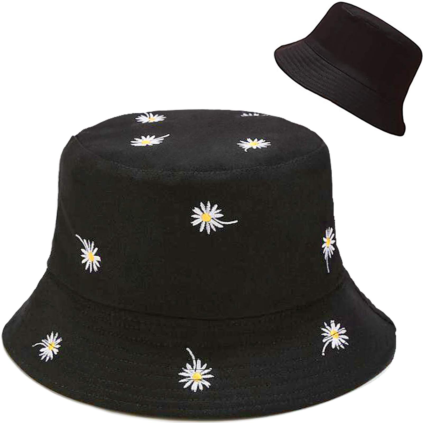 XYIYI Daisy Black Reversible Bucket Hat Cute Beach Sun Fishing Hats for Women Teen Girls