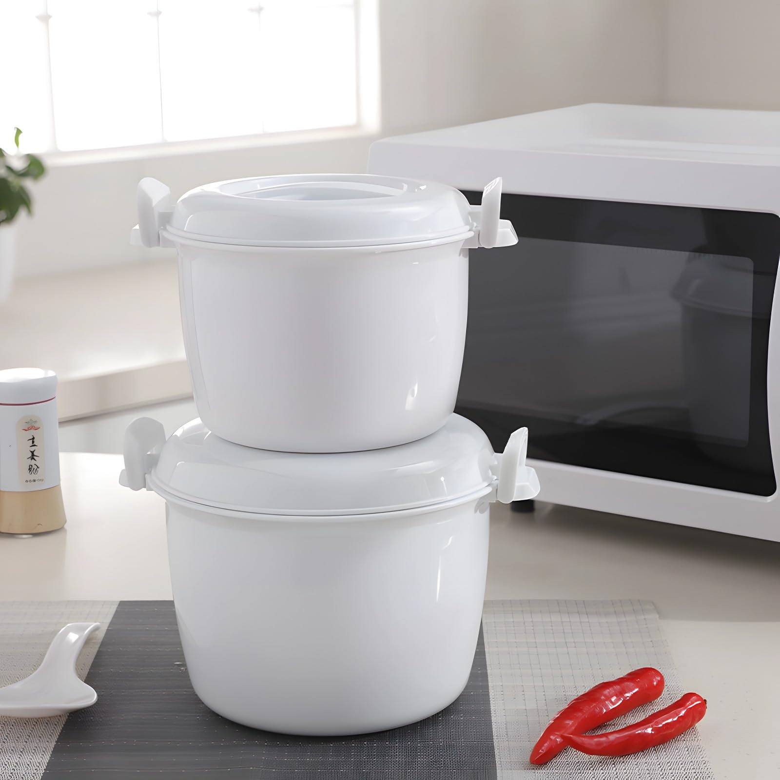 Pentole per microonde con coperchi, grande bianco, mini cuociriso da 3 tazze, coperchio ventilato di bloccaggio, vaporiera versatile per pasti veloci in famiglia