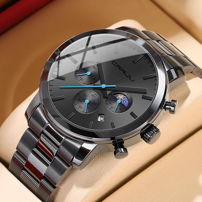 CRRJU Watches for Men Luxury Business Stainless Steel Waterproof Calendar Chronograph Analog Quartz Wristwatches