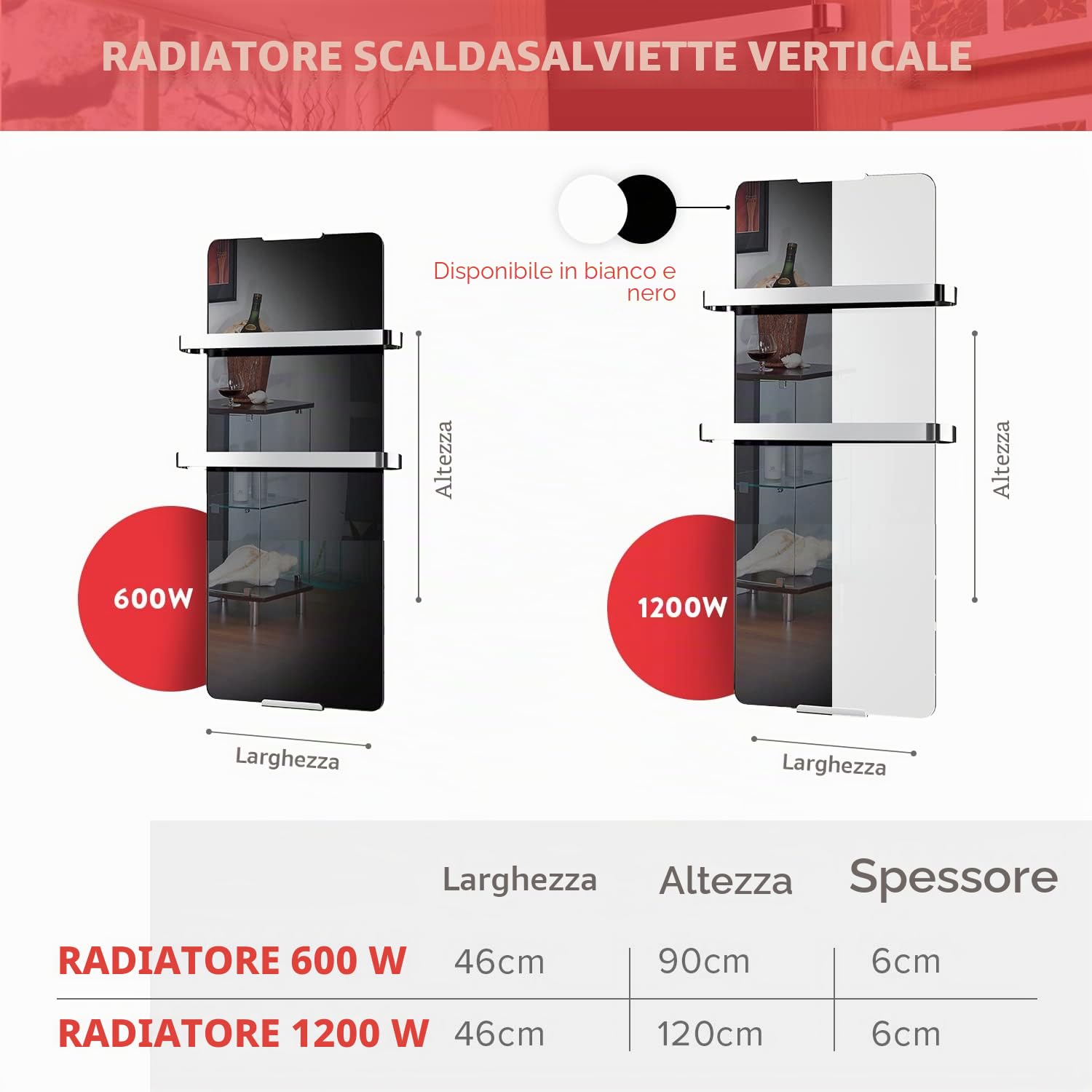 CHEMIN'ARTE Scaldasalviette riscaldato electtrico 1200W - Radiatore verticale - 120 x 6 x 46 cm - IP24 - bianco - Design moderno, kit di installazione