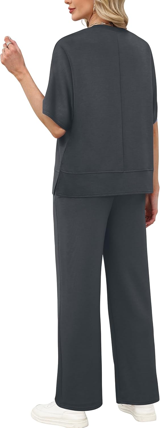 XIEERDUO Women's Side Slit Lounge Sets 2 Piece Travel Outfits Airport Tracksuit Oversized Wide Leg Loungewear S-3XL