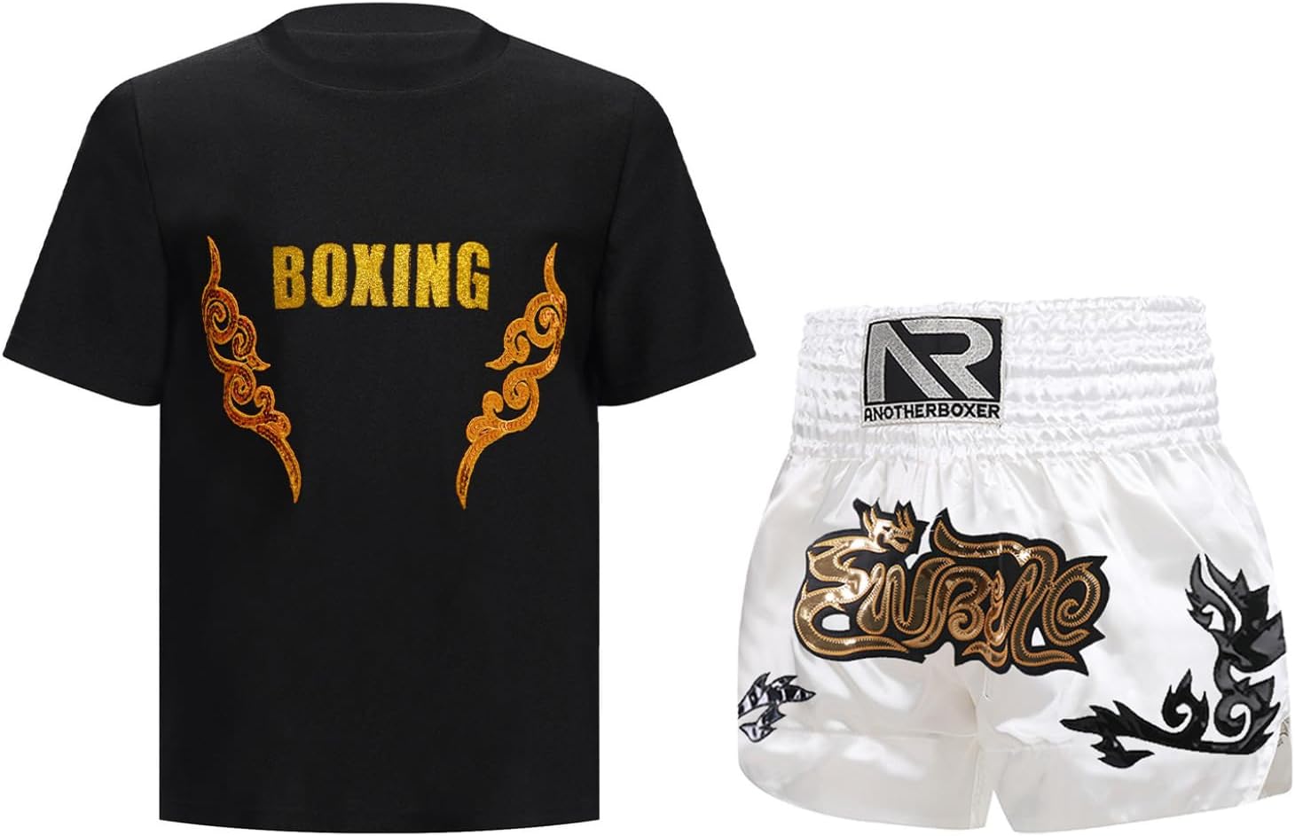 Kids Boys Boxer Costume Short Sleeve Sequin Applique Pullover Tops T-Shirt and Metallic Embroidery Shorts Set