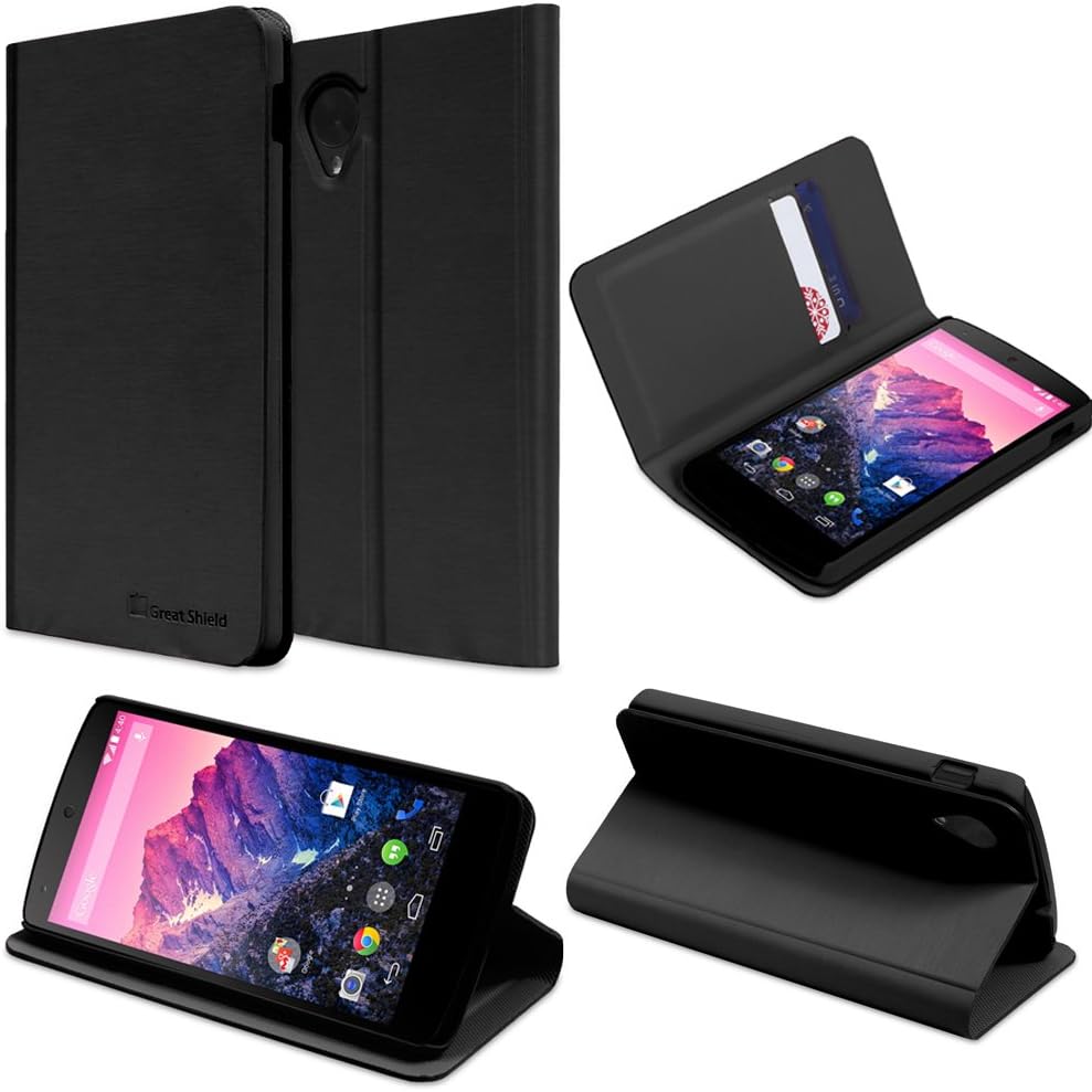 Google Nexus 5 Stand Case, GreatShield SHIFT LX Leather Wallet Flip Case Kickstand with Sleep Wake Function & Credit Card Slots for Google Nexus 5 (Black)