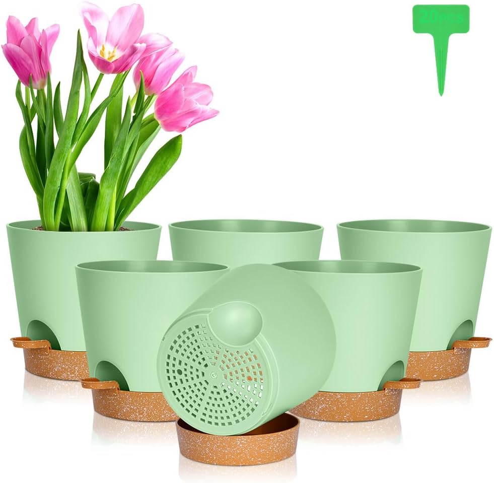 OFFCUP Plant Pots, 6pcs Plastic Plant Pots, 20cm Self Watering Plant Pots with Drainage Holes, Saucers and Reservoir, Suitable for Plants Indoor Modern Fashion Decorative Plastic Plant Pots (Green)