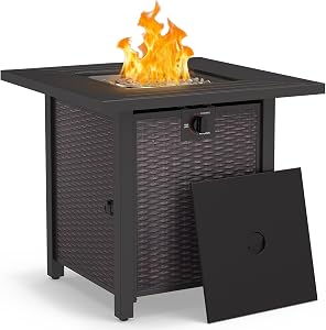 Propane Fire Pit Table, 28 Inch 50,000 BTU Auto-Ignition Gas Fire Pit Table, CSA Certification, Rattan-Look with 6.6 Lbs Lave Rock for Garden/Patio/Porch/Backyard.