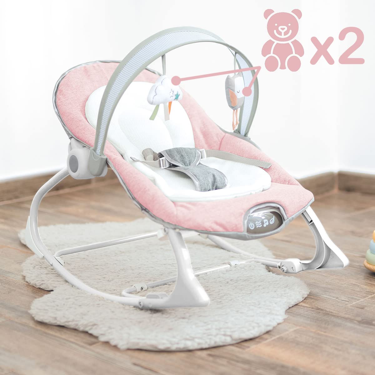 Olmitos- Hamaca multifunción para bebés - Hamaquita 2 en 1 con balancín Mecedora de 0 a 18 kg - vibración y Sonido - Incluye Arco de Juguetes (Rosa)