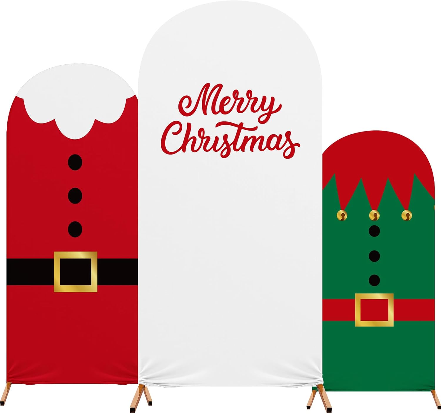 Set of 3 Christmas Arch Backdrop Covers, Santa Suit Belt Gold Buckle, Elf, Marry Christmas, Party Stretch Backgrounds, 4ft, 5ft, 6ft for Ceremony Decoration Photoshoot