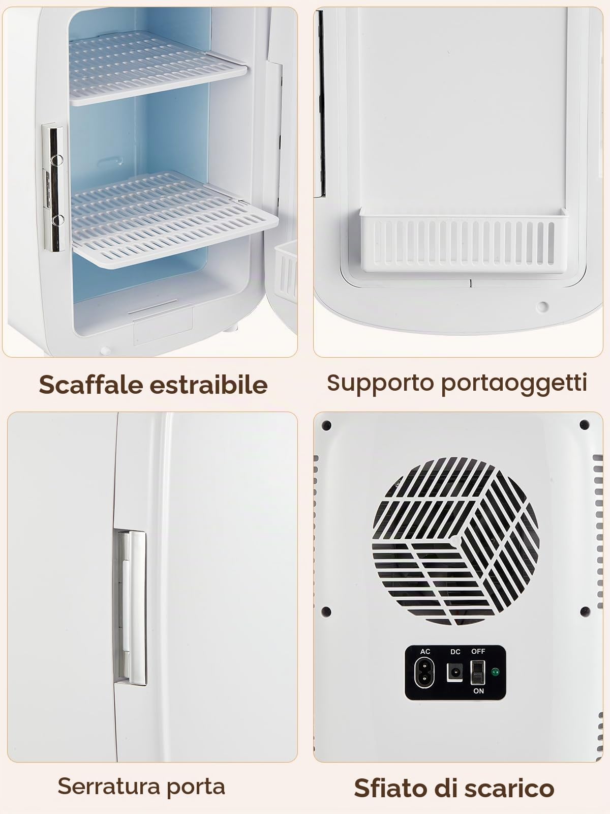 FOHERE Mini Frigo, 10 Litri/12 Lattine Frigorifero Piccolo Portatile, 220-240 V AC/DC, per camera da letto, cura della pelle, bevande, ufficio, dormitorio e auto, Bianco