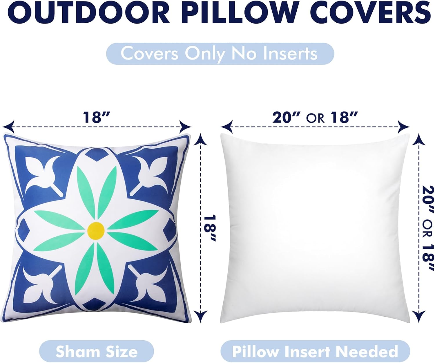 Outdoor Pillow Covers, 18x18 Inch Set of 4 Floral Printed and Boho Decorative Summer Outdoor Waterproof Throw Pillow Covers for Patio Funiture Garden (Blue)