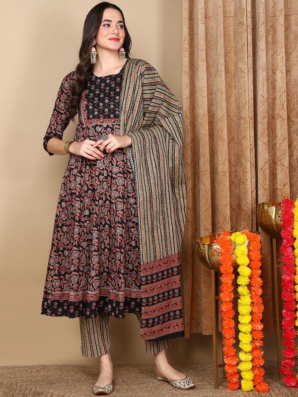 Image of Vaamsi Women's Pure Cotton Floral Printed Anarkali Kurta Pant with Dupatta