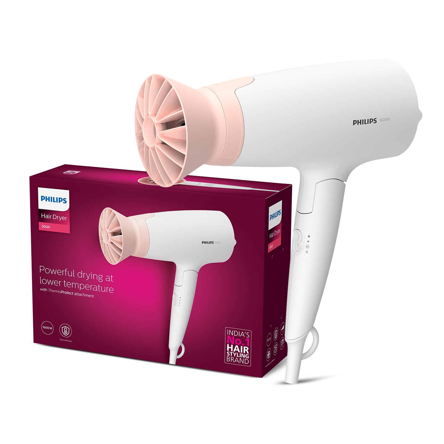 Philips Hair Dryer - Powerful Drying with Less HeatI 3 Styling Options for Salon like BlowdryI 1600 WattsI Cool ShotI Thermo- Protect TechnologyI Men and WomenI 2 Year WarrantyI BHD308/30, White