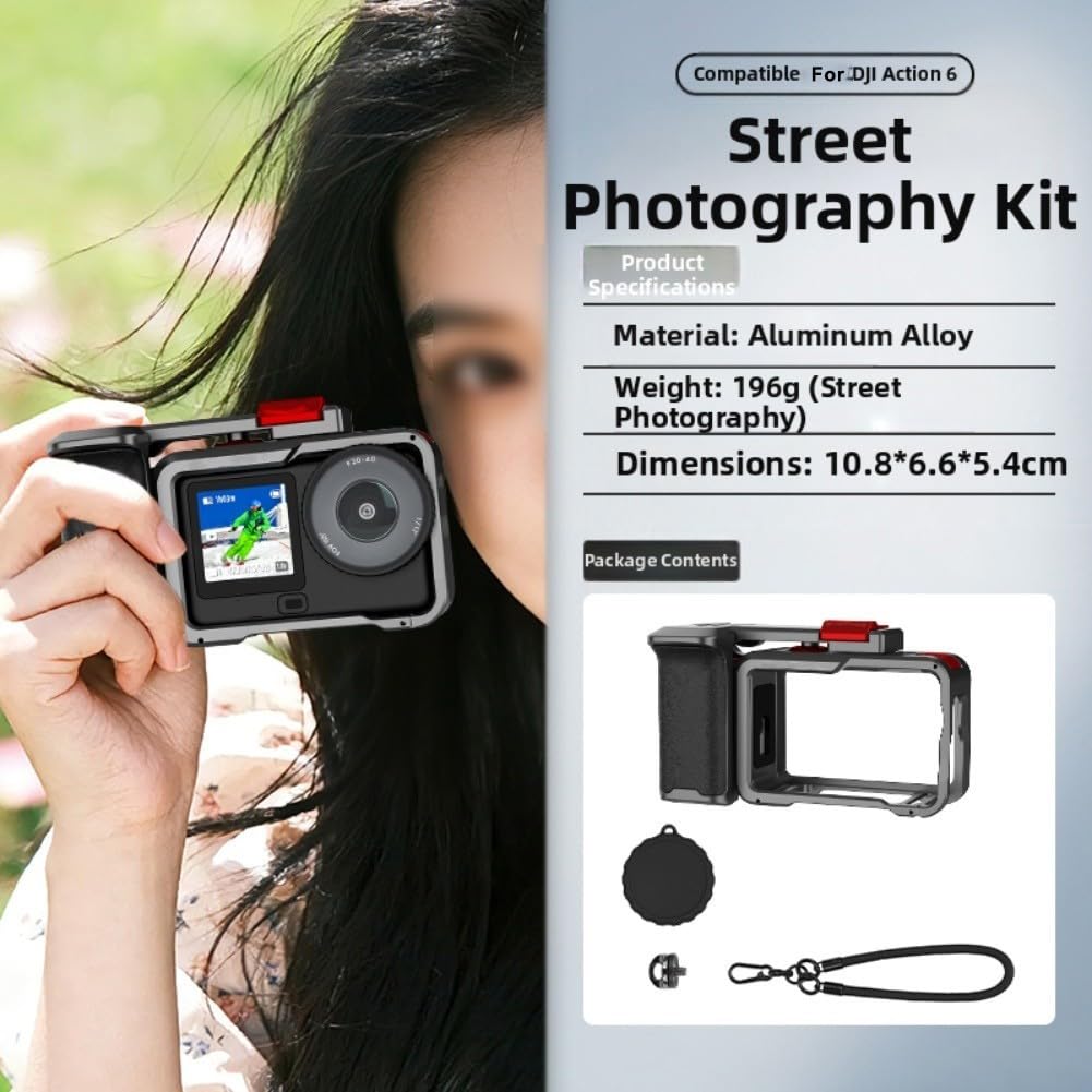 Aluminiowa klatka i uchwyt do kamery DJI Action 6, stabilny uchwyt do fotografii ulicznej i nagrywania wideo, obsługuje montaż dodatkowych akcesoriów i sprzętu zewnętrznego