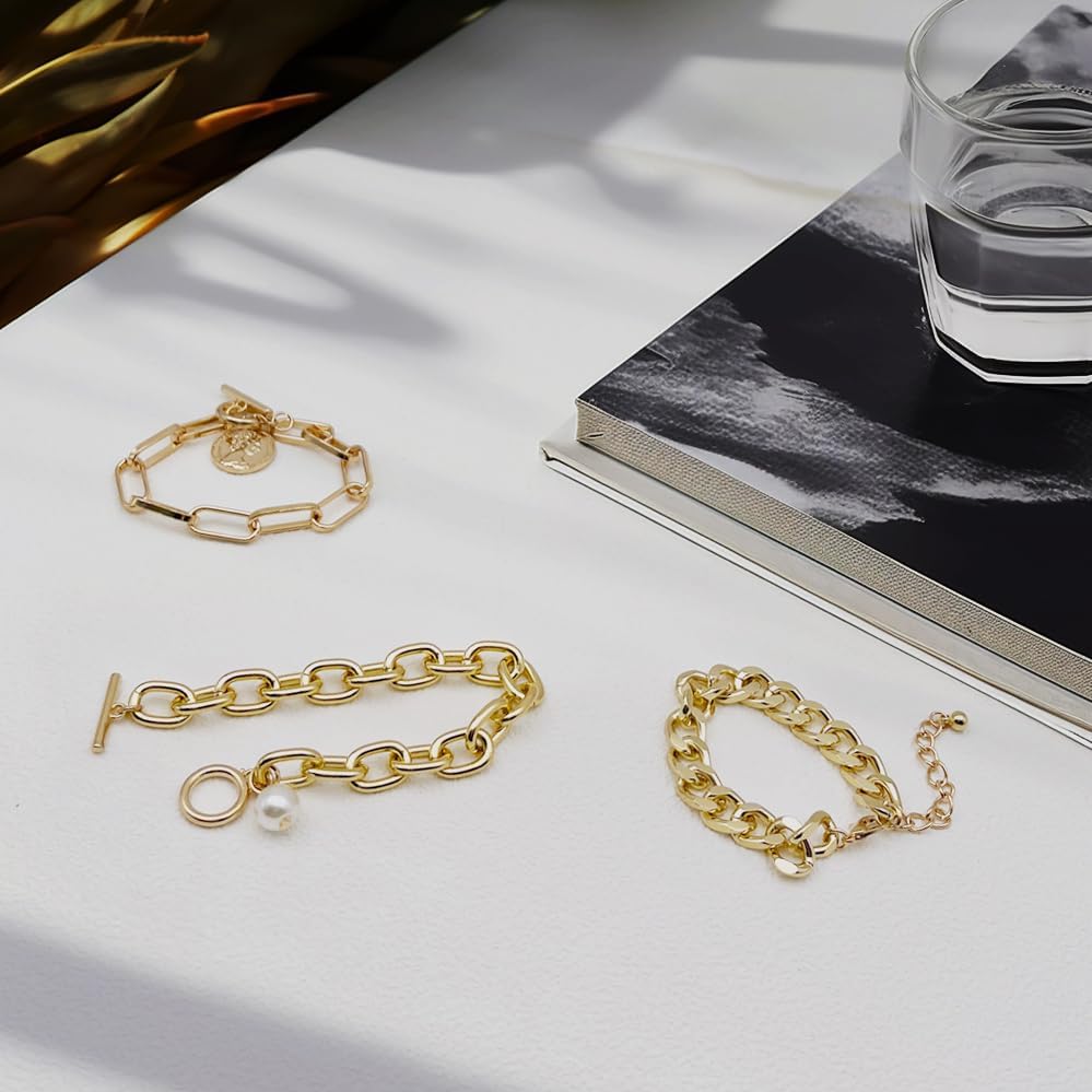 Gold Chunky Chain Bracelet for Women Charm Boho Bracelet for Women Flat Cable Chunky Chain Bangle Set of 4 - Image 5