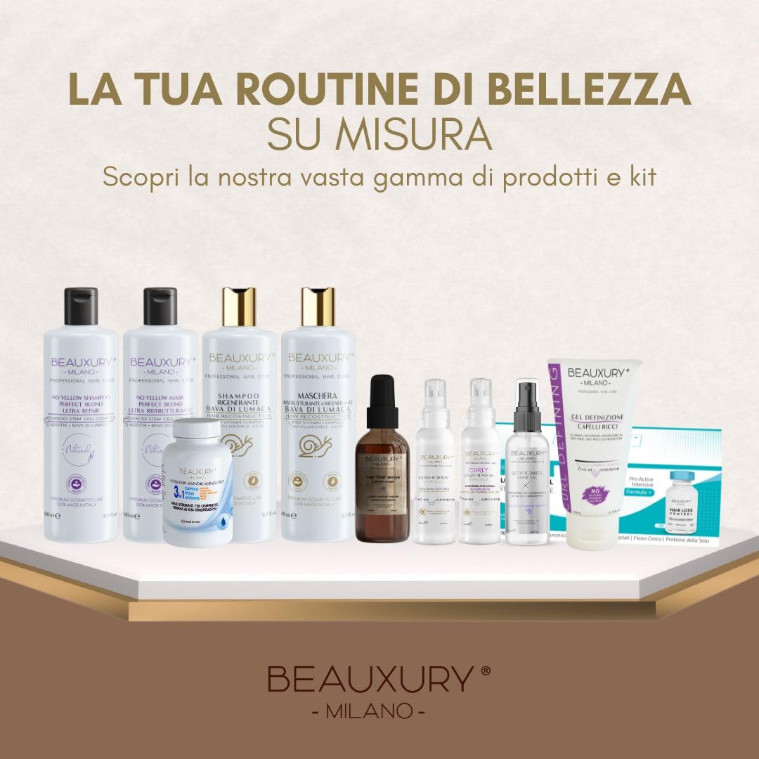 Beauxury Milano Leave In Serum alla Bava di Lumaca per Capelli Lisci e Mossi Danneggiati, Siero Azione Anticrespo e Anti-Age con Staminali Vegetali, Termoprotettore Nutriente da 100 ml