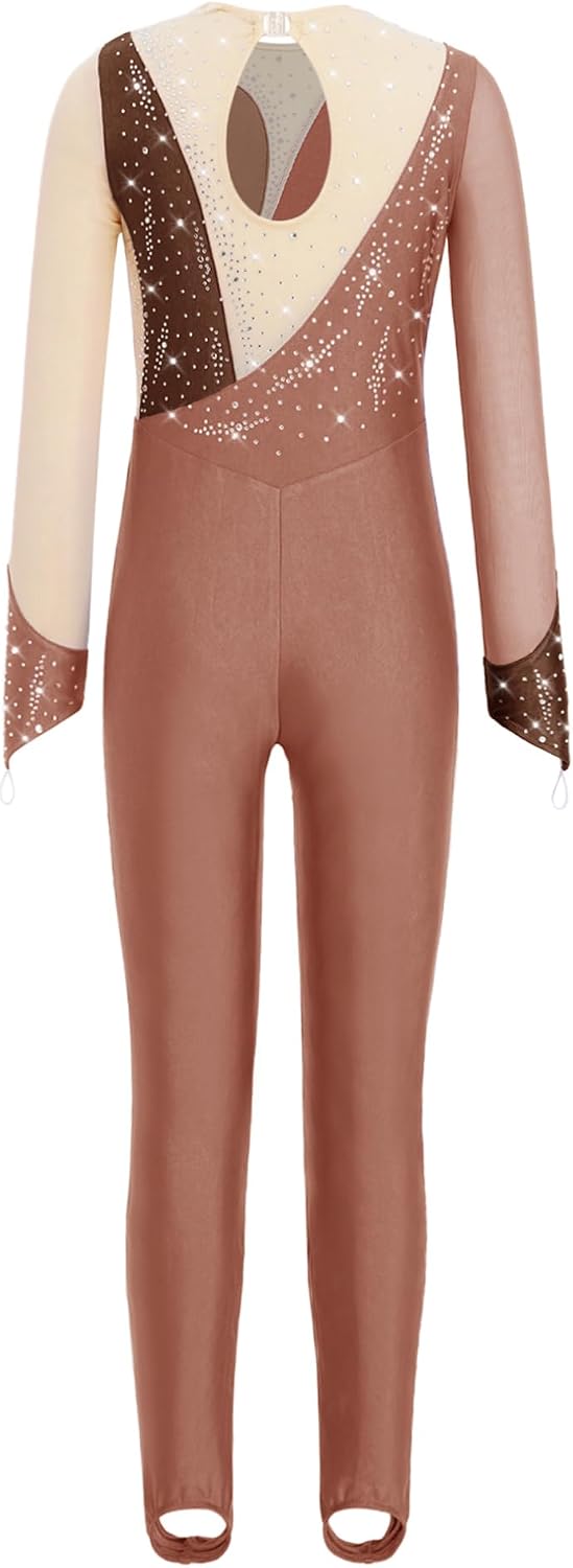 FEESHOW Kids Girls Sparkly Rhinestones Figure Skating Unitards Long Sleeve Color Block Gymnastics Leotards with Stirrup