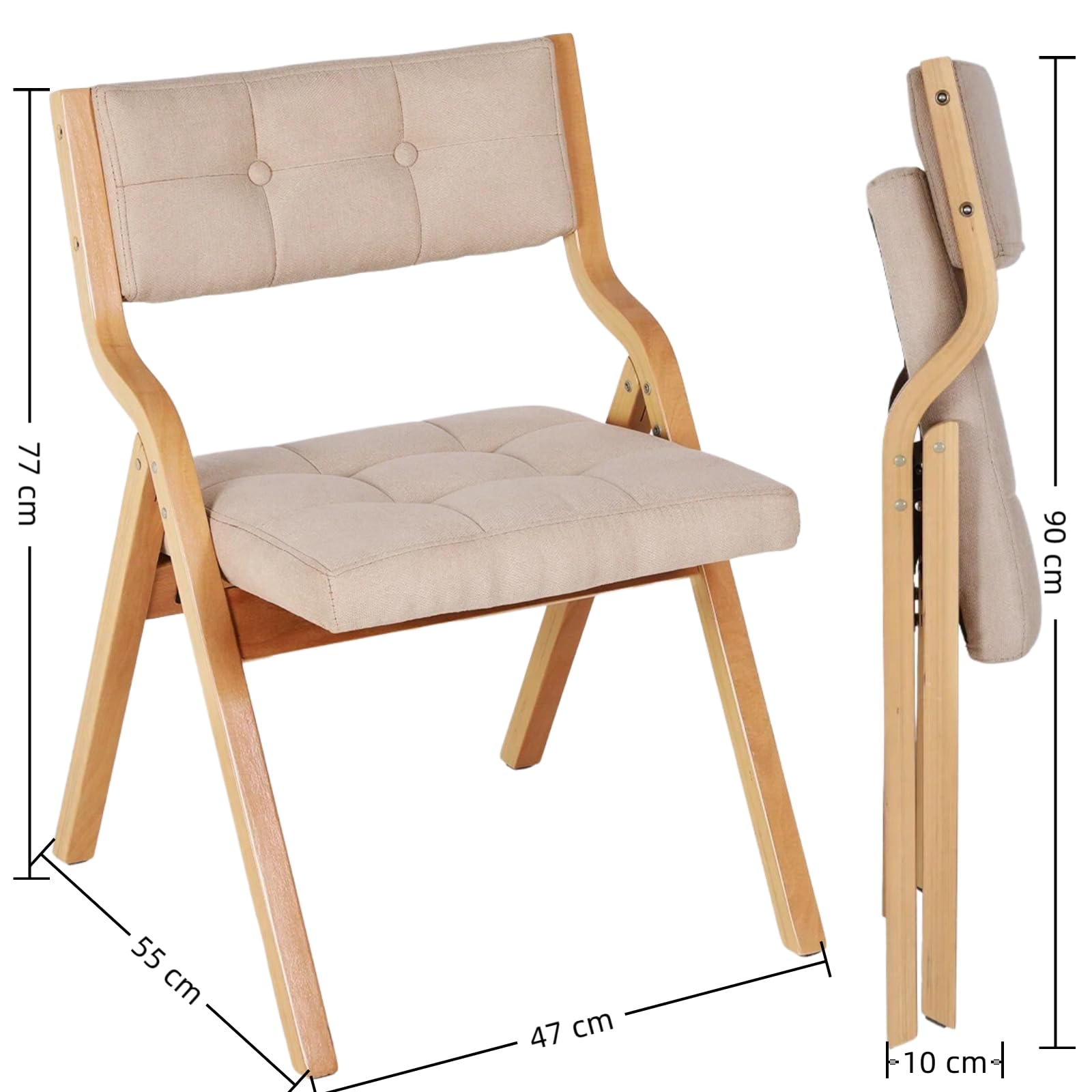 Clevich Chaises Pliantes Tapissées 4pcs, 47 x 55 x 77 cm, chaises Pliantes interieures en Bois, pour Adultes, Style Nordique avec Bois et Tissu Lin, pour invités, Bureau, Mariage et fête, Beige