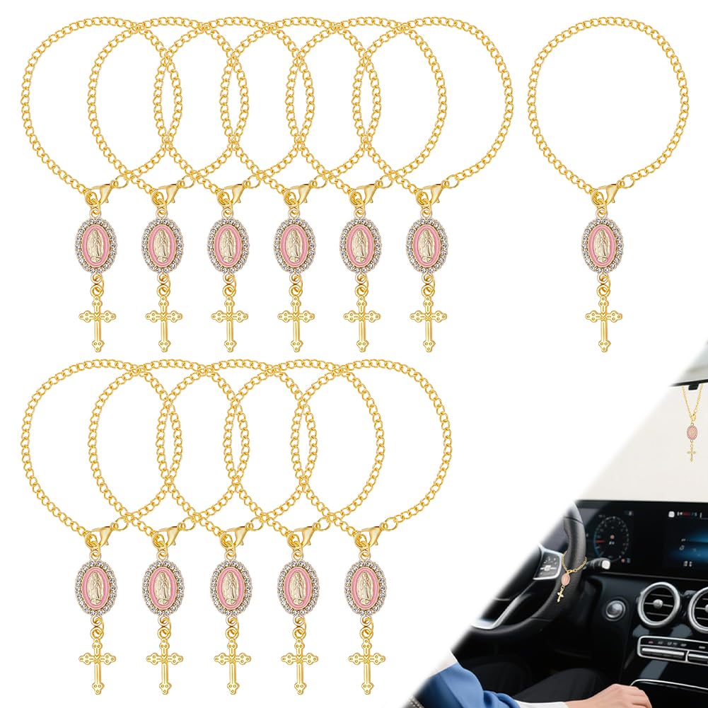 NBEADS 12 colgantes de rosario para volante, colgante de cruz, decoración de coche, 21 cm, colgante de volante ovalado de aleación de aluminio en forma de cruz para decorar el espejo retrovisor, rosa