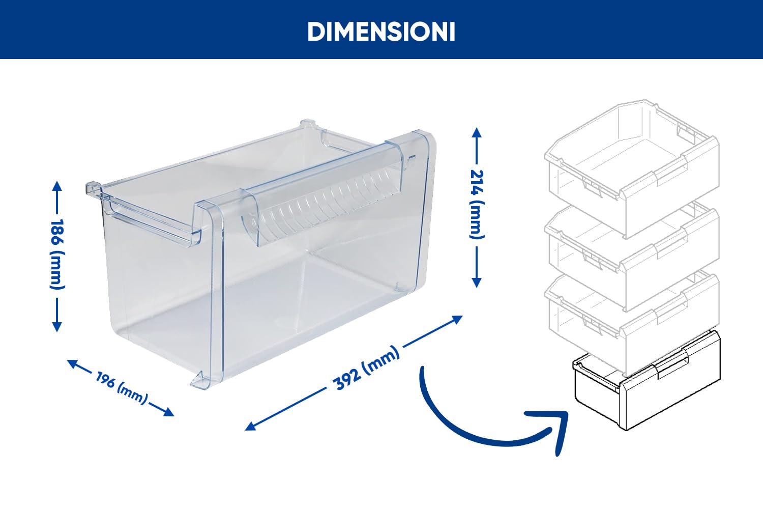 eRicambi®, Cassetto Contenitore Inferiore Freezer Congelatore, Compatibile con Bosch Siemens Neff, Dimensioni: 392x214x196 (mm) Modelli Compatibili: KIV32V KIV34A